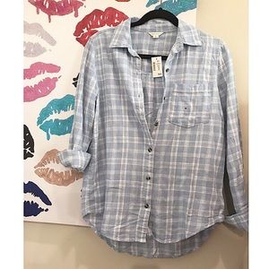 Woman’s Light Blue and White Plaid Button-up